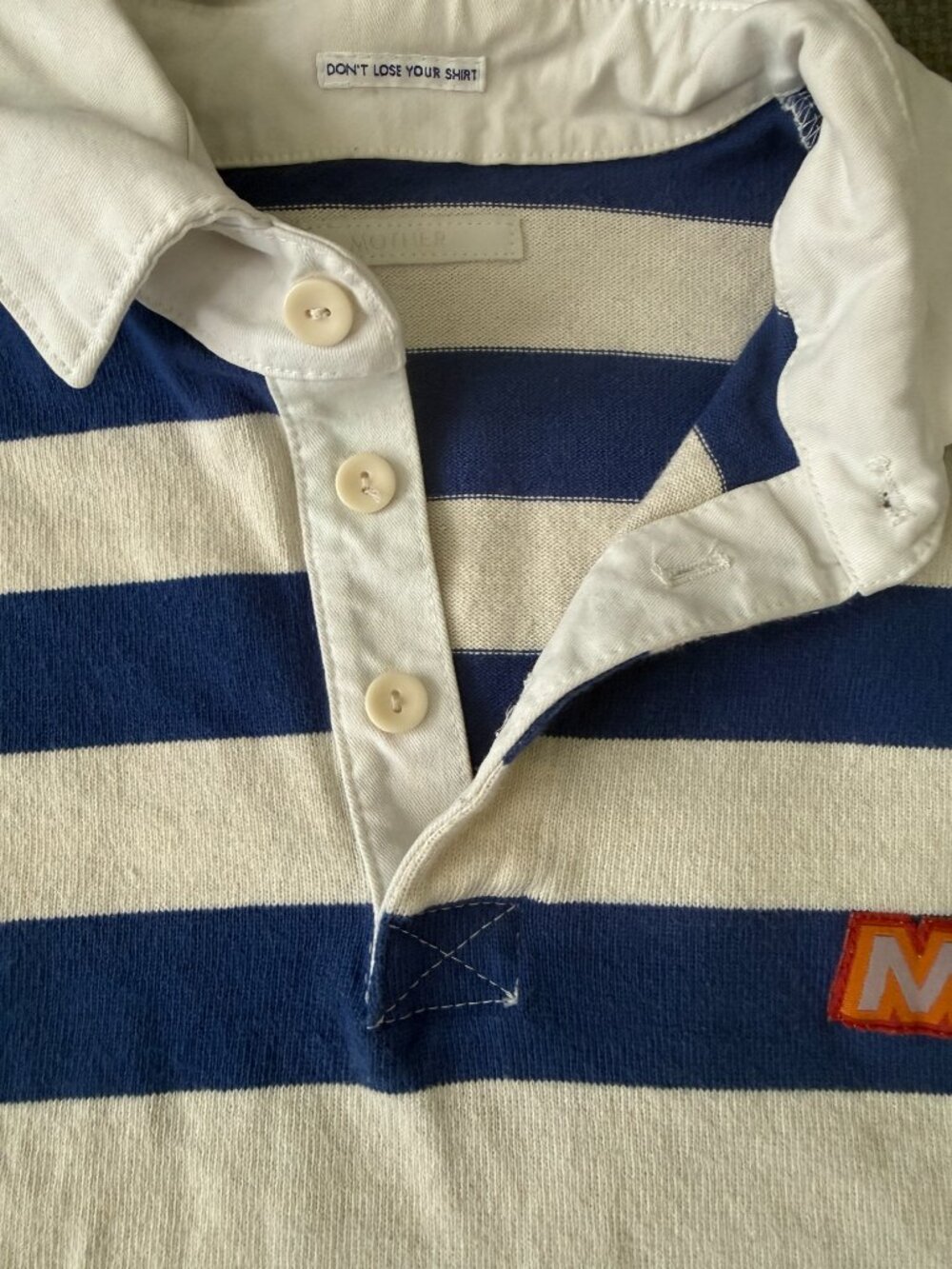 MOTHER Boxy Polo Crop Tee in Game On- Blue/Cream Stripes- S- Long Sleeve - Picture 9 of 16